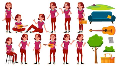 Teen Girl Poses Set Vector Fun Cheerful For Web Poster Booklet