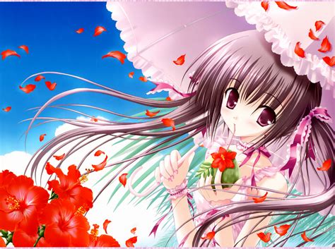 Brunettes Flowers Ribbons Anime Umbrellas Pink Eyes Flower