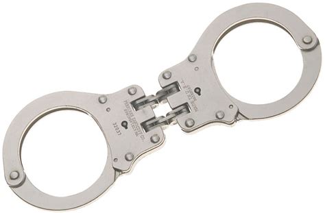 The most difficult handcuffed position to escape from with escape method explanation, hinged handcuffs, double locked, wrist out, behind back. Peerless Model 801C Hinged Handcuffs, Nickel Finish - KnifeCenter