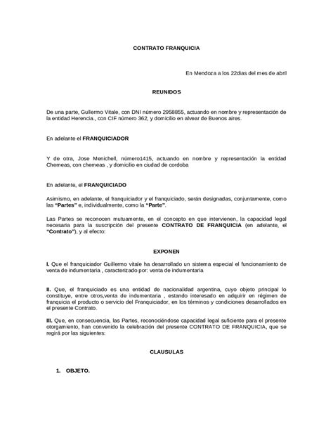 Modelo De Contrato De Franquicia Apuntes De Gestión Comercial Docsity