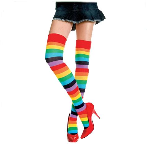 free shipping new fashion rainbow color striped stockings women girls thigh high stockings nylon