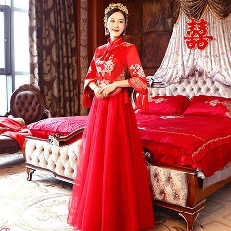 2018 Modern Cheongsam Red Qipao Long Traditional Chinese Wedding Dress