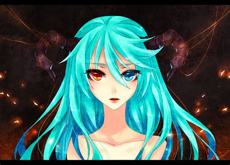 Aqua Hair Bicolored Eyes Halloween Hatsune Miku Horns Long Hair Natsuki Vocaloid
