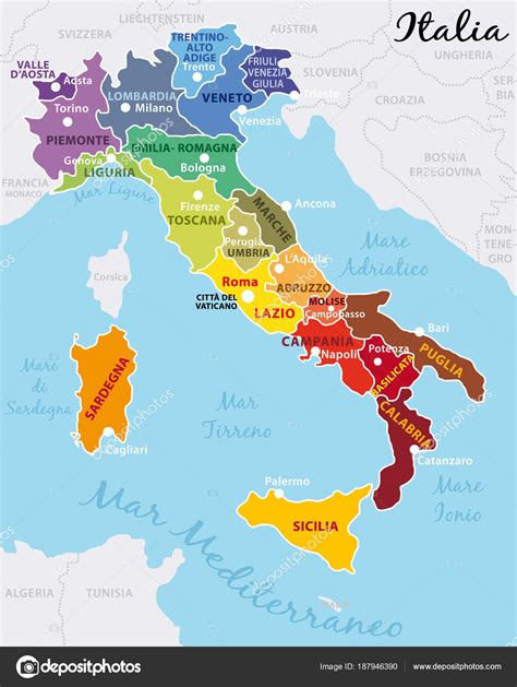 Hermoso Colorido Mapa Italia Con Regiones Italianas Capitales Ciudades