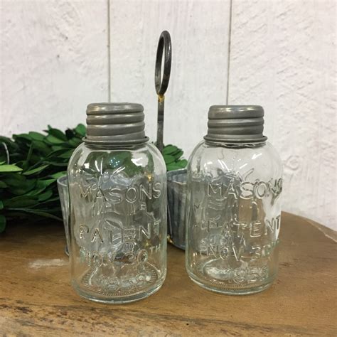 Glass Mason Jar Salt And Pepper Shaker Set In Galvanized Caddy Etsy