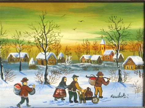 Winter Vintage Folk Art Landscape Painting By Kowalski Original Fine