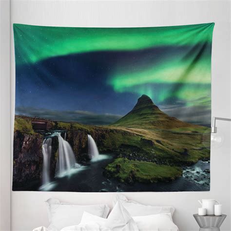 Aurora Borealis Tapestry Waterfall Kirkjufellsfoss In The Mountains