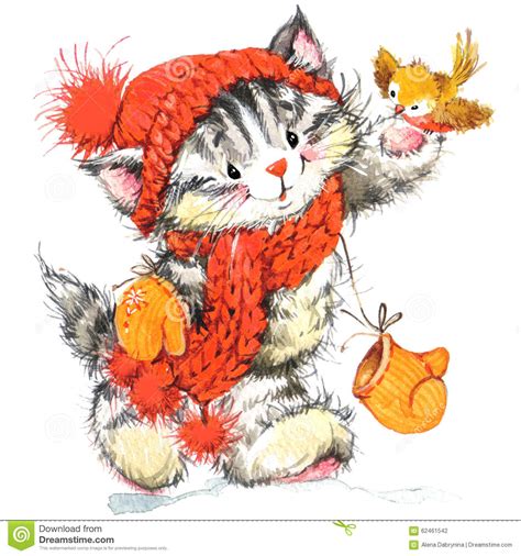 Cute Cat Watercolor Funny Cat And Christmas Background