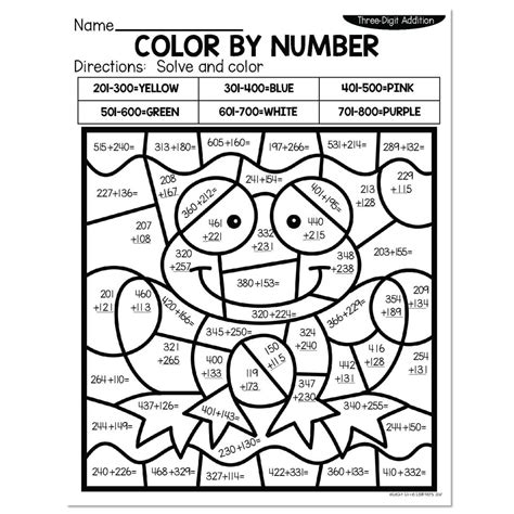 3 Digit Addition Summer Color By Number Frog Lucky Little Learners