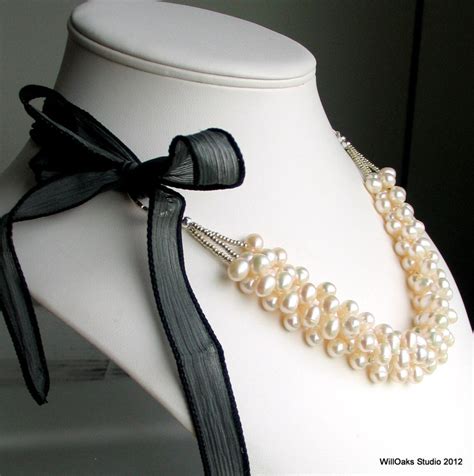 White Freshwater Pearl Necklace Multistrand Bib On Silk Etsy