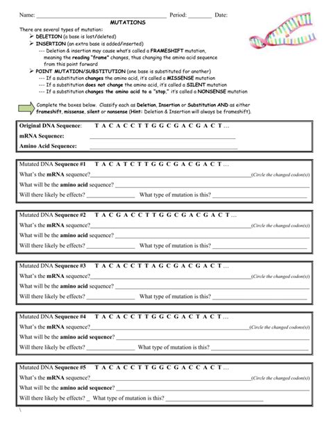 Virtual lab worksheet uv mutation expt instructions answer the following questions as you work. Mutations Worksheet Deletion Insertion And Substitution ...