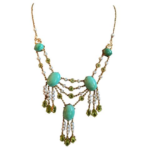 vintage turquoise peridot and pearl 14 karat gold necklace for sale at 1stdibs