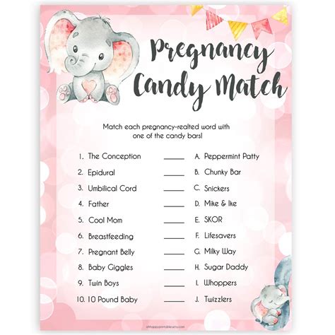 Download a free bunny baby shower guest book printable which makes for a cute addition to a baby shower decor and sweet gift for the free baby shower printables on prettymyparty.com. Pregnancy Candy Match - Pink Elephants Printable Baby Shower Games - OhHappyPrintables