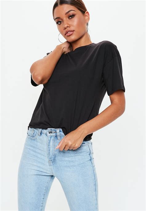 Black Raw Hem Crew Neck T Shirt Missguided Womens Basic Tops