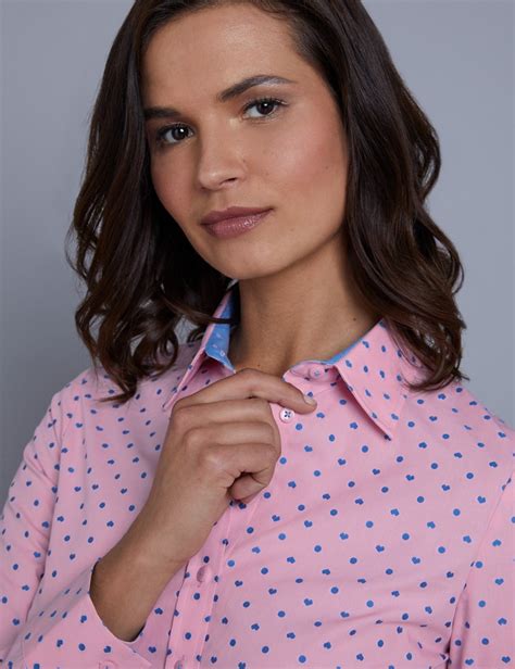Womens Pink And Blue Hearts Print Semi Fitted Shirt Single Cuff