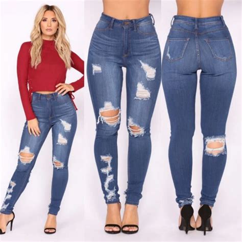 2018 New Ripped Jeans Women Basic Classic High Waist Skinny Pencil Blue