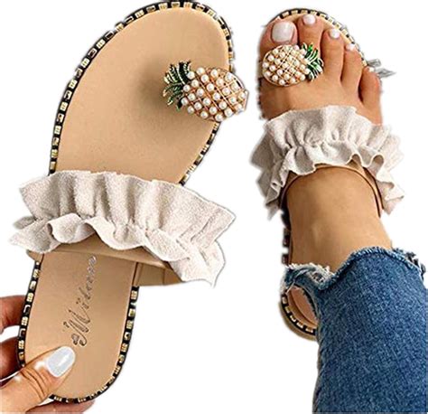 Challyhope Sweet Cute Pineapple Pearls Sandals Clip Toe Flip Flops Boho Casual Flat Slippers