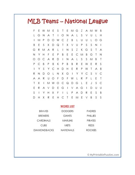 Mlb Teams National League Word Search My Printable Puzzles
