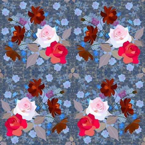 Seamless Floral Pattern With Bouquets Of Roses And Cosmos Flowers Stock