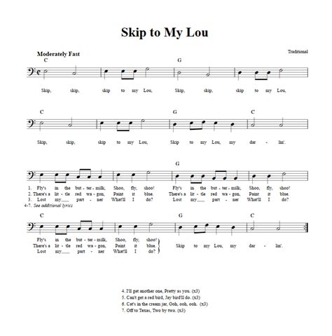 Skip To My Lou Chords Lyrics And Bass Clef Sheet Music
