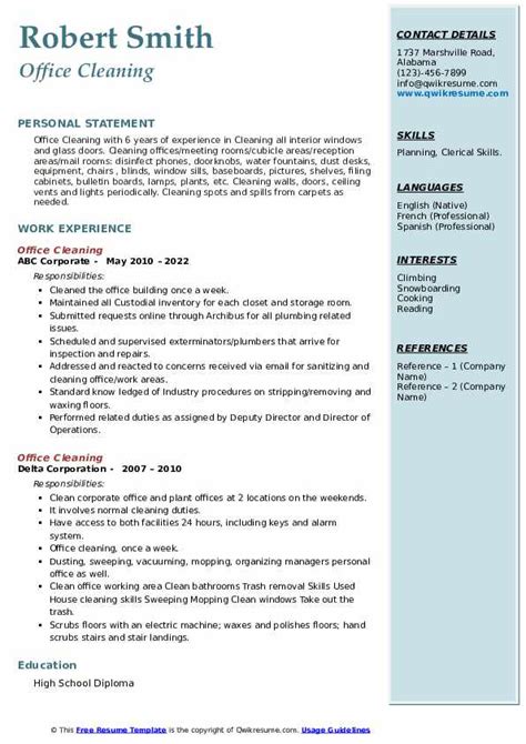 Office Cleaning Resume Samples Qwikresume