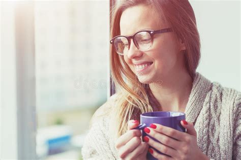 Cheerful Girl Drinking Coffee Stock Photo Image Of Happy Cappuccino