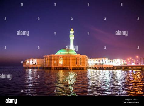 Night Shot Of Al Rahma Mosque Or Floating Mosque Jeddah Saudi Arabia