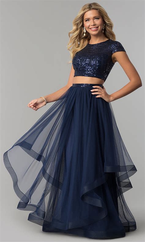 Tiered Two Piece Long Navy Prom Dress With Sequins