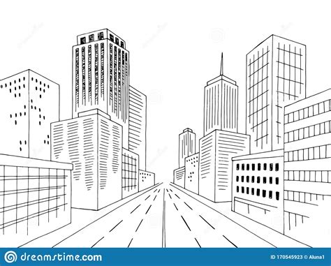 City Road Street Graphic Black White Cityscape Skyline Sketch