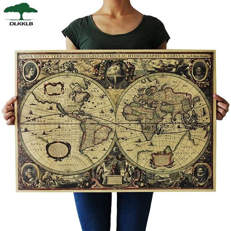 Dlkklb Retro World Map Nautical Ocean Map Vintage Kraft Paper Poster