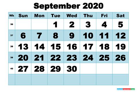 Free Printable September 2020 Calendar Word Pdf Image