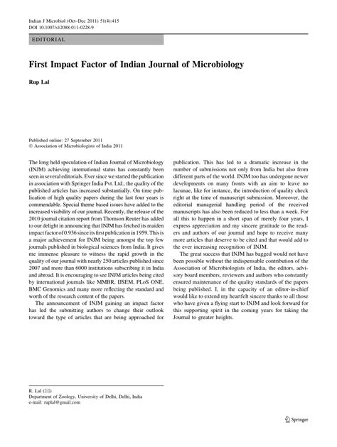 Pdf First Impact Factor Of Indian Journal Of Microbiology