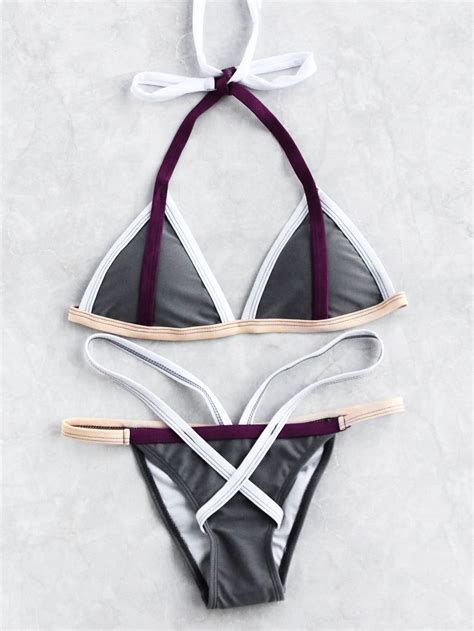 Contrast Strap Triangle Bikini Set Shein Sheinside