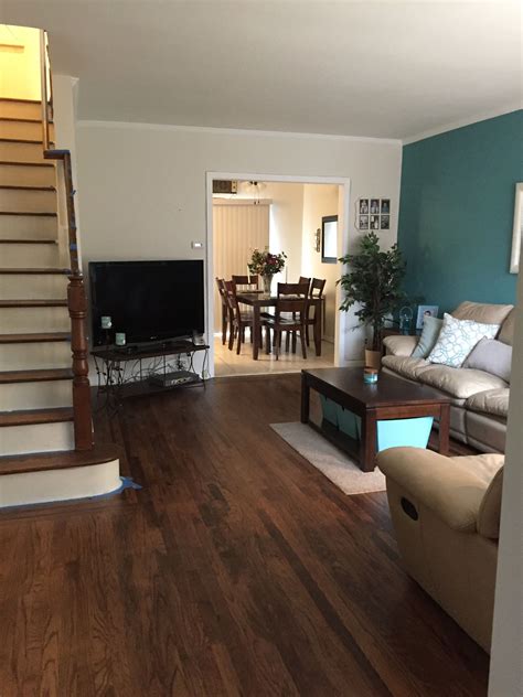 Dark Walnut Stained Wooden Floors Teal Accent Wall Teal Living Rooms