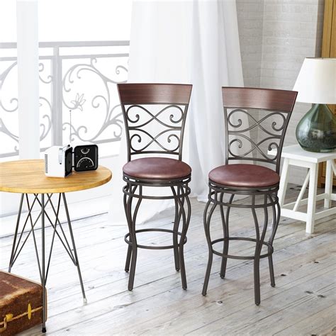 360 Degree Swivel Bar Stools Set Of 2 With Leather Padded Seat Costway