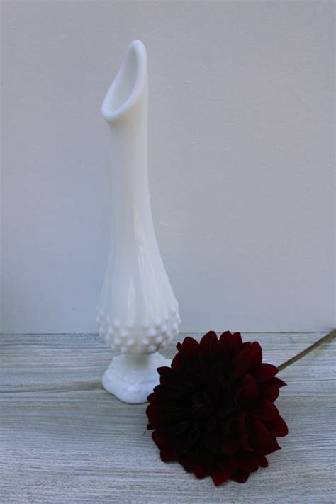 Mid Century Vintage Fenton Milk Glass Bud Vase Hobnail Pattern Swung Vase