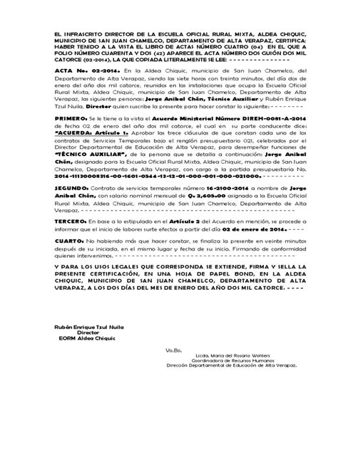 Acta De Inicio De Labores 2014