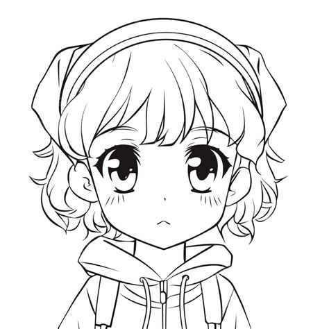 An Anime Girl With A Hoodie Coloring Page Outline Sketch Drawing Vector