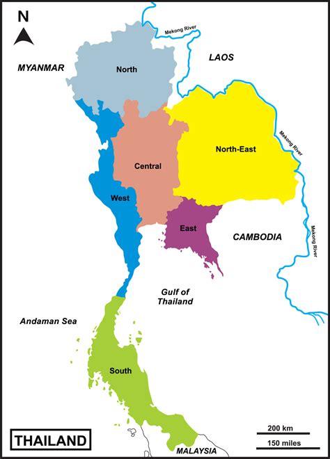 Map Of Thailand Includes Regions Mekong River Mun Chi Chao Phraya