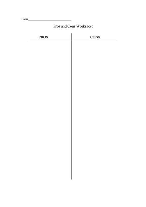 Pros And Cons Worksheet Printable Pdf Download
