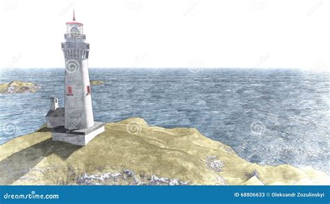 Seascape At Sunset Lighthouse On The Coast Stock Illustration