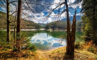 Photography Nature Landscape Lake Reflection Mountains Shrubs Dry Grass Trees Clouds
