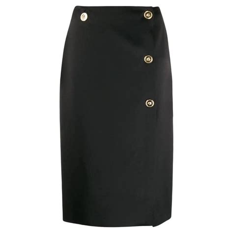 Versace Black Knee Length Pencil Skirt With Gold Tone Medusa Buttons
