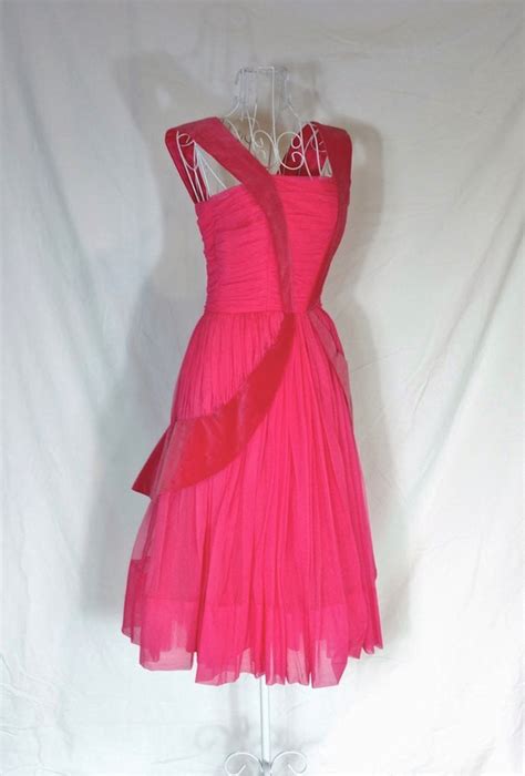 1950s Pink Prom Gown Party Dress Vintage With Layers Gem