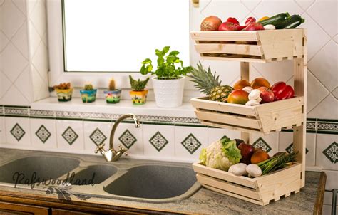3 Tier Wall Mountable Wooden Vegetable Fruit Rack Kitchen Storage