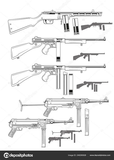 Graphic Black White Detailed Old Retro Submachine Guns Ammo Clip Stock