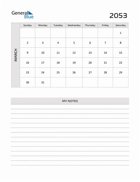 March 2053 Printable Monthly Calendar With Notes