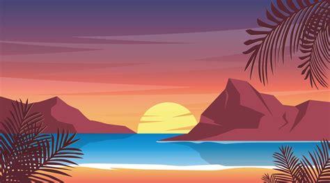 Sunset At Beach Illustration Nature Summer Wallpaper 8890811 Vector