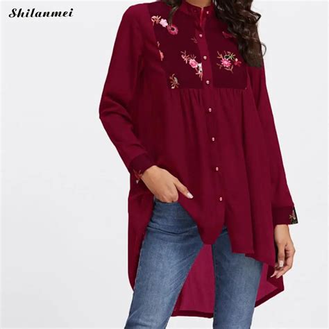 Autumn Long Black Red Embroidered Female Casual Shirts Flower Pattern
