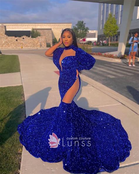 Blue Glitter Sexy Cut Out African American Prom Dress Lunss